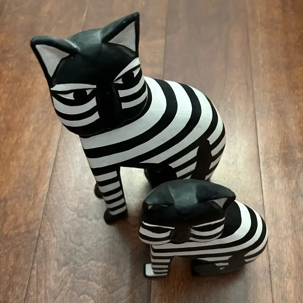 Laurel Burch Style Vintage Pair of Striped Black and White Cat Wooden Figurines